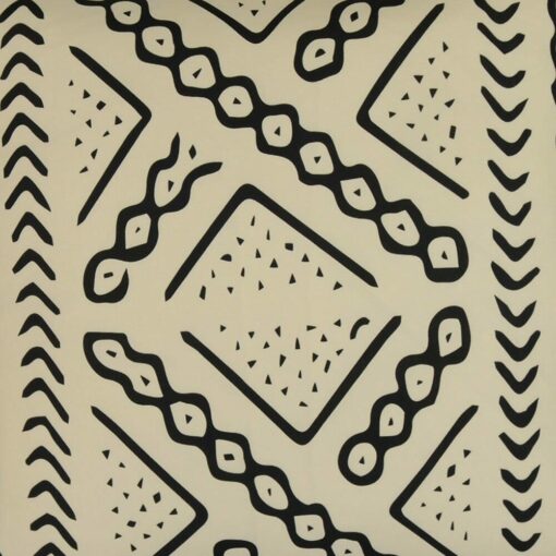 Close up photo of tribal inspired outdoor cushion cover with black prints