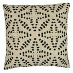 Square outdoor cushion with black polka dots on off white fabric