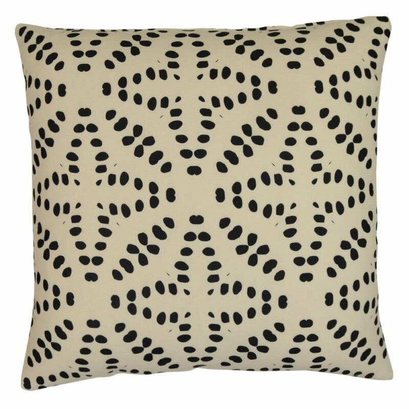 Square outdoor cushion with black polka dots on off white fabric