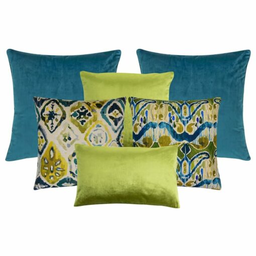 Colourful tribal inspired cushion collection in teal and olive green colours