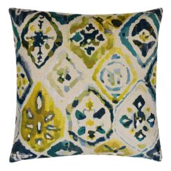 Photo of blue, yellow and teal coloured square cushion in Farsi design
