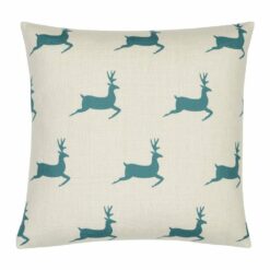 Photo of cotton linen Christmas cushion cover with teal-coloured reindeers