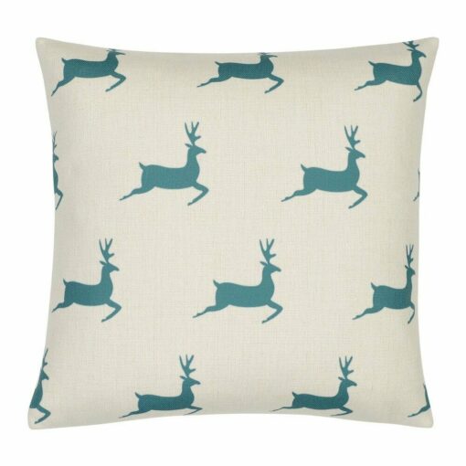 Photo of cotton linen Christmas cushion cover with teal-coloured reindeers