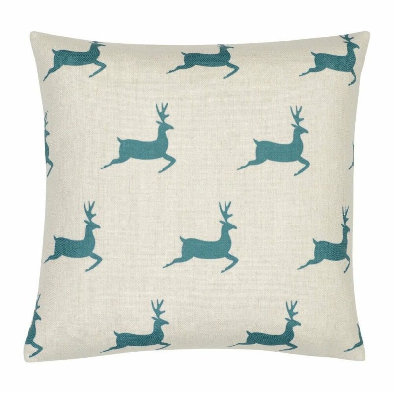 Festive Reindeer Christmas Cushion Cover - 45cm x 45cm - SC756-45 Photo of cotton linen Christmas cushion cover with teal-coloured reindeers