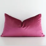 A pretty solid colour velvet cushion cover is shown against a white wall. It features a rectangle shape and a blush colour finish.