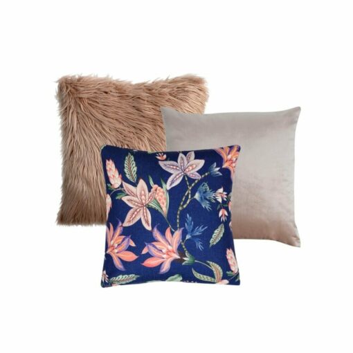 An image of a rose faux fur square cushion, a pink velvet cushion and a blue floral cushion.