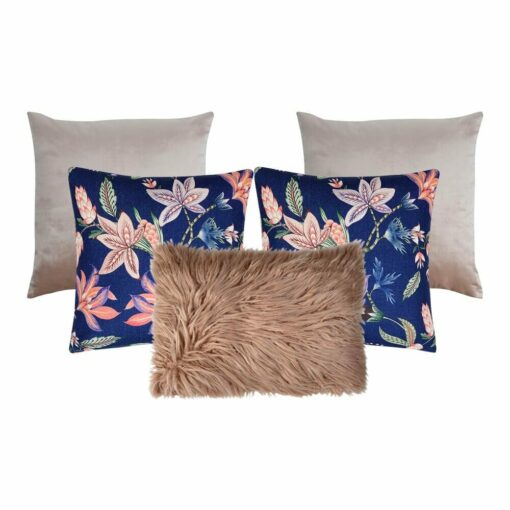 An image of two pink cushions, two floral blue cushions and a single blush pink faux fur rectangular cushion.