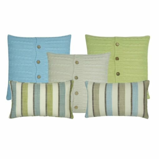 Three cable knit design cushion in olive,blue and light gray colours, two big stripes design cushion.