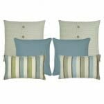Two rectangular big stripes pattern cushion cover, two blue cushion covers and two cable knit cushion covers.