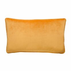 Close up photo of gold mustard rectangular cushion made of velvet fabric