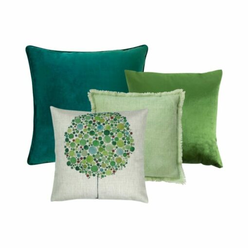 Photo of 4 cushion set in shades of green in cotton linen and velvet fabric