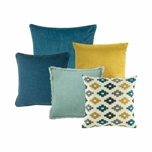 Photo of 5 cushion cover set in teal and gold colours