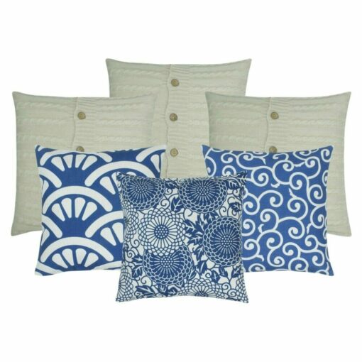 A pair of cushion in cable knit design with buttons, one piece cable knit cushion, 3 multi patterned cushion in blue and white colours.