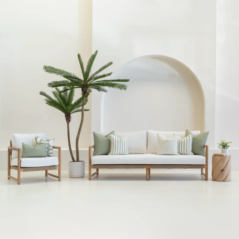 Outdoor seating with white sofa displaying a set of 7 horizon sage outdoor sofa cushions on it.
