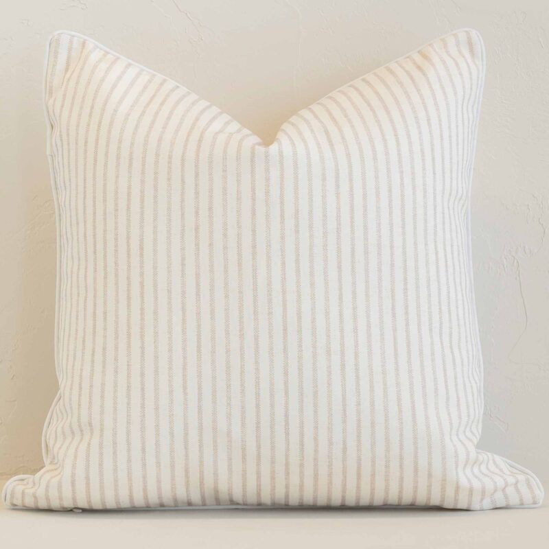 Vibrant sand stripe cushion cover constructed from outdoor fabric and shown in a square size.
