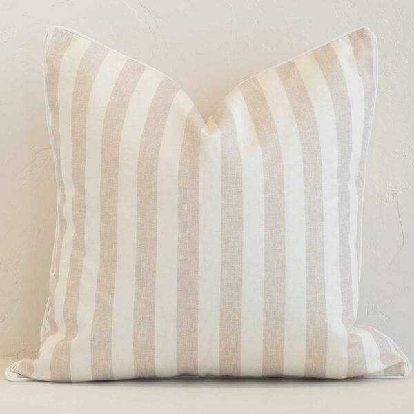 A graceful square sand cushion with a stripe style on durable outdoor fabric.