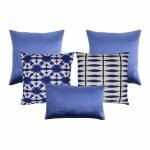 Photo of 5 blue and white cushions in velvet and cotton linen fabric