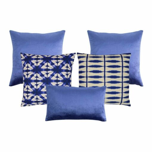 Photo of 5 blue and white cushions in velvet and cotton linen fabric
