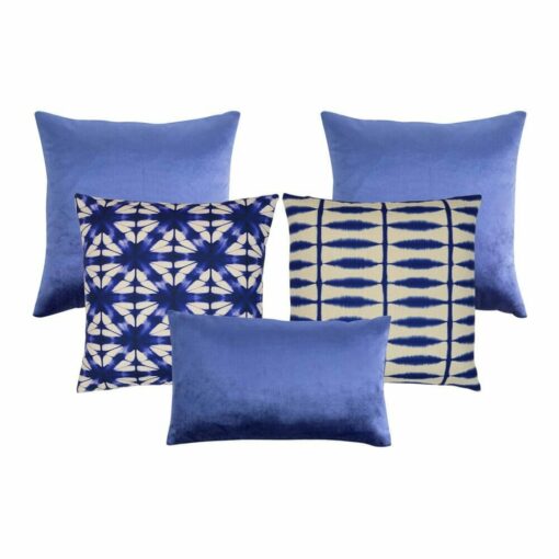 Photo of 5 blue and white cushions in velvet and cotton linen fabric