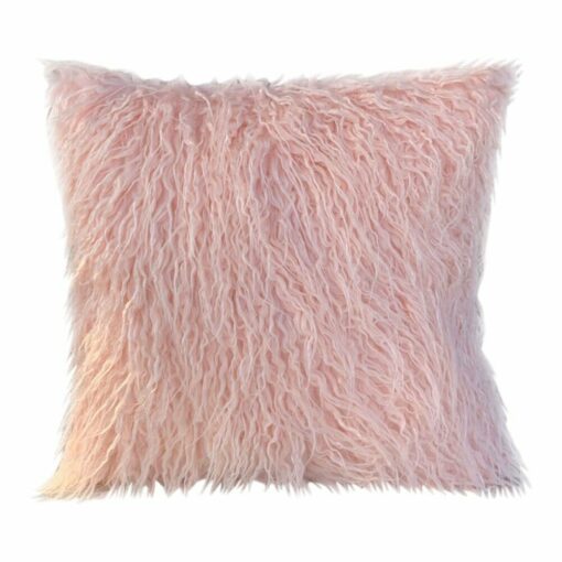 Image of a light pink faux fur fluffy square cushion cover