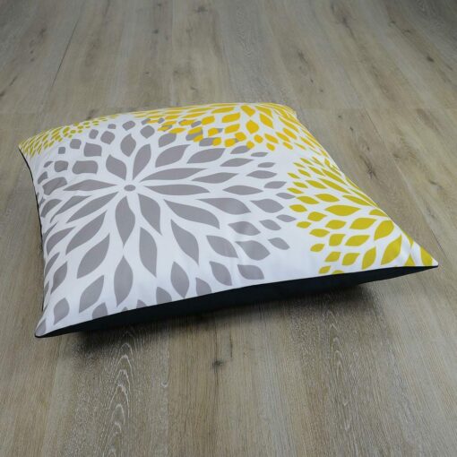 Photo of yellow and grey floor cushion with floral print