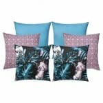 Image of 6 blue and maroon outdoor cushion covers