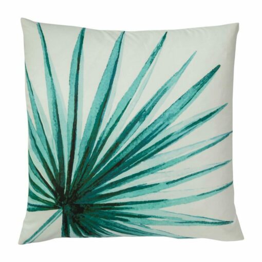 Photo of white outdoor cushion cover with green palm print