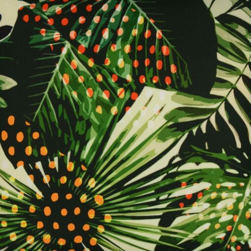 Close up image of jungle inspired outdoor cushion cover made of UV and water resistant fabric