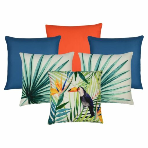 Colourful jungle-inspired cushion covers with bird and palm leaf prints