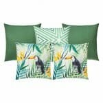 Photo of 5 green square outdoor cushion covers with toucan bird print