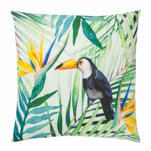 Close up image of outdoor cotton cushion with jungle bird print