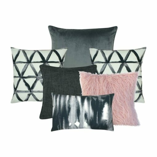 An image of silver, grey and pink cushion covers in a set of six.