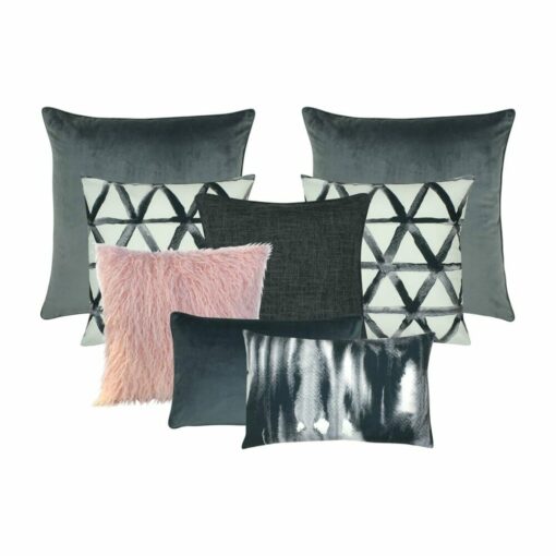 A set of eight square and rectangular cushion covers in charcoal and pink colours.
