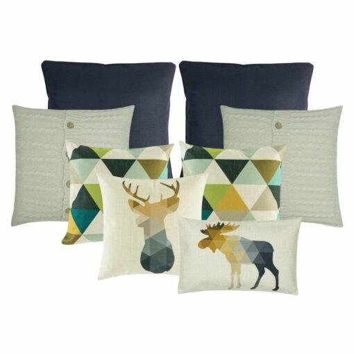 A pair of black cushion cover, a pair of white cushion cover, a pair of cushion cover with triangle designs, one square cushion with moose print and one rectangular cushion with moose print.