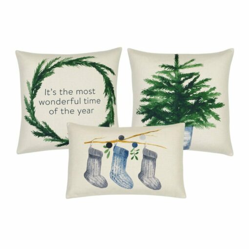 White and green cotton linen Christmas cushion set with wreath, pine, socks and mistletoe prints