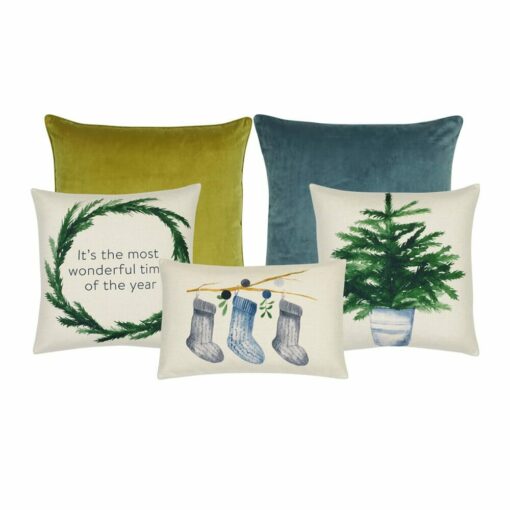 Photo of green, gold and teal Christmas cushion set in cotton linen and velvet fabrics