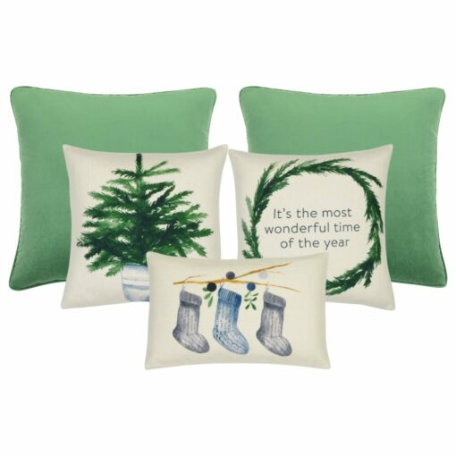 A collection of 5 cushions featuring in green and Christmas colours and designs