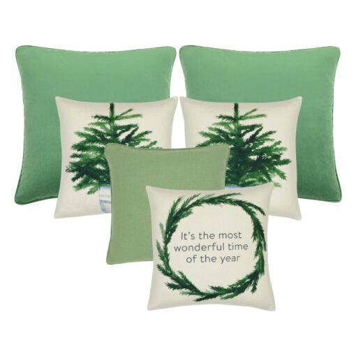A set of six Christmas themed cushions in green hues and designs