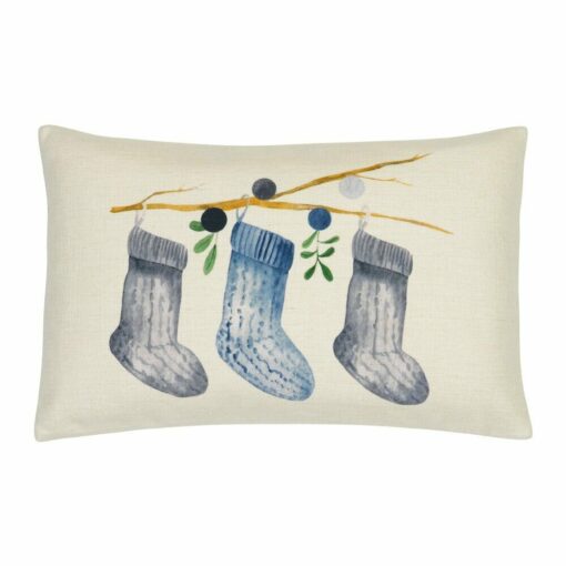 Photo of rectangular cushion cover with Christmas stockings and mistletoe print