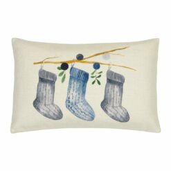 Rectangular cushion cover with grey and teal Christmas stockings and mistletoes