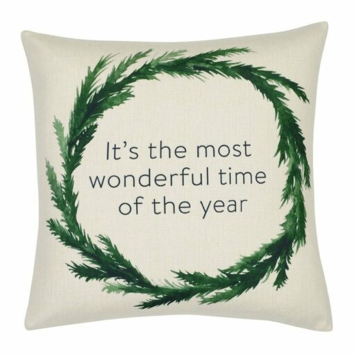 Christmas-themed cushion cover with green wreath and wonderful time of the year print