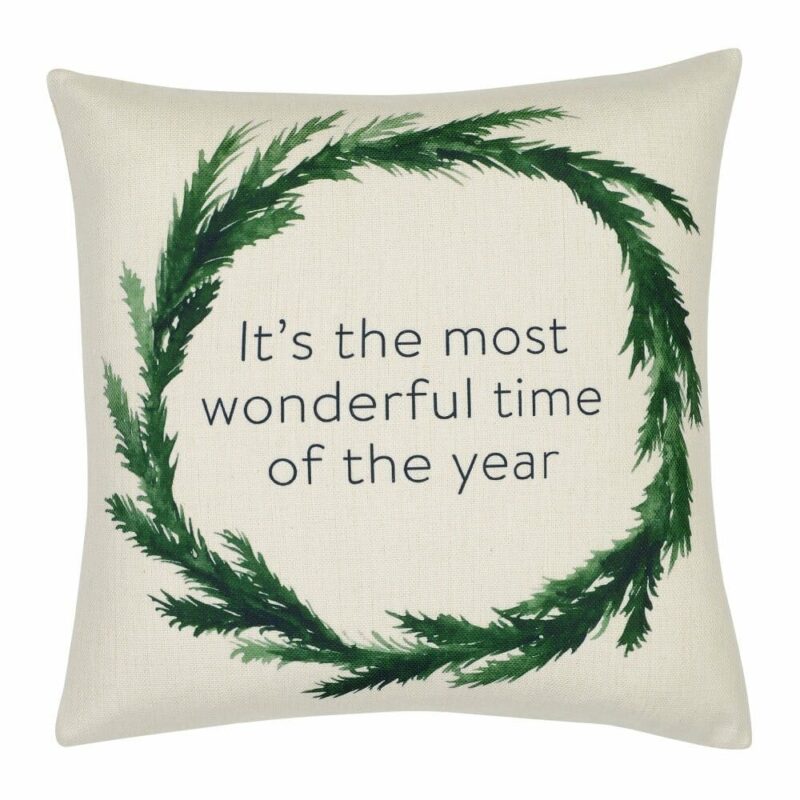 Lapland Wreath Christmas Cushion Cover - 45cm x 45cm - SC751-45 Christmas-themed cushion cover with green wreath and wonderful time of the year print