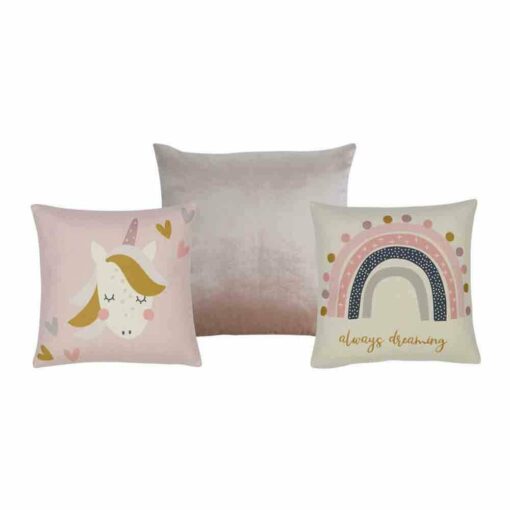 Pastel pink 3-piece girls bedroom cushion set with unicorn and rainbow