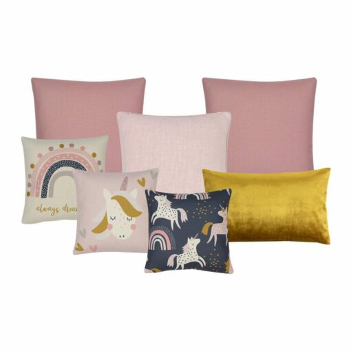 7 piece cushion cover set in gold and pink colours with rainbow and unicorns theme
