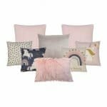 Cute pink girls bedroom cushion set with polka dots, faux fur, unicorns and rainbow prints