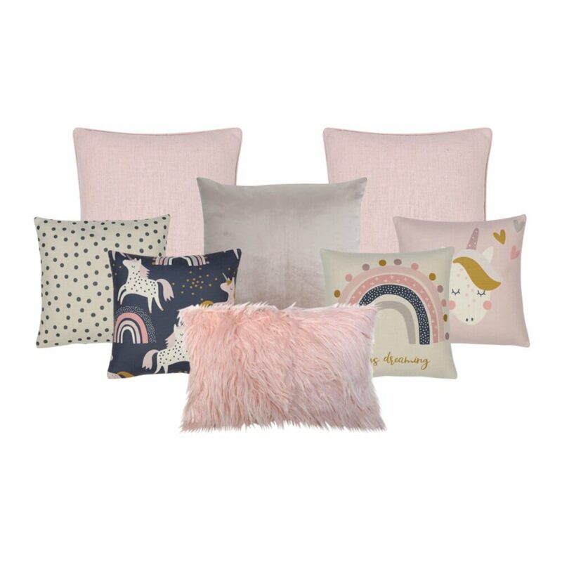 Little Unicorn 8 Kids Cushion Cover Collection - COL929 Cute pink girls bedroom cushion set with polka dots, faux fur, unicorns and rainbow prints
