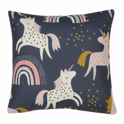 Dark coloured square cushion with unicorns and rainbows