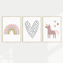 Fun kids wall art featuring a unicorn, loveheart and a rainbow in a set of 3