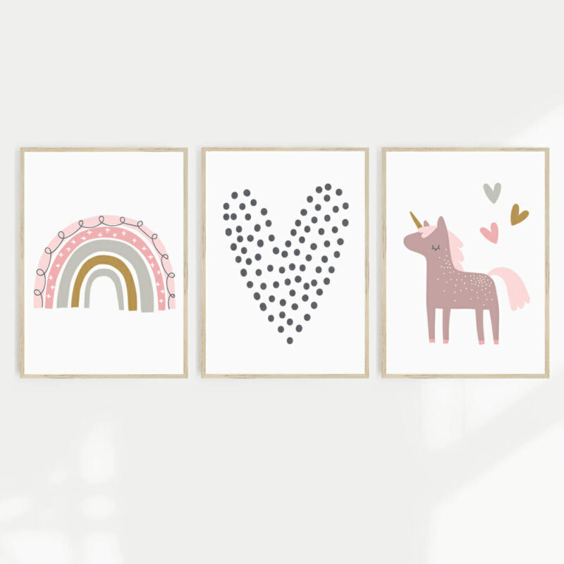 Little Unicorn Kids Wall Art - Set of 3 - WA1008 Fun kids wall art featuring a unicorn, loveheart and a rainbow in a set of 3
