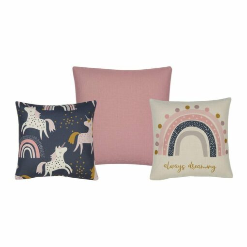 Cute 3 cushion set for girls bedroom with pink rainbows and unicorns